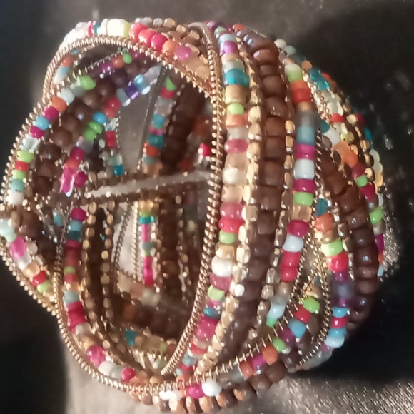 Multi color memory wire wrap bracelet braided with wooden beads gold tones - Picture 2 of 5